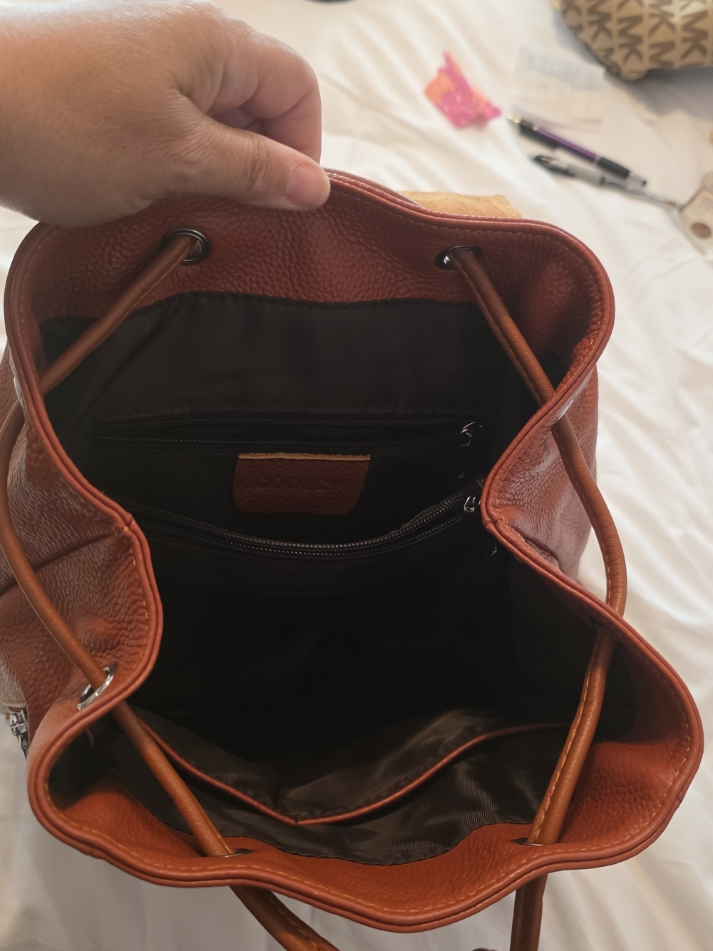 Coolcy Genuine Leather Drawstring Backpack - Rust - Picture 4 of 5